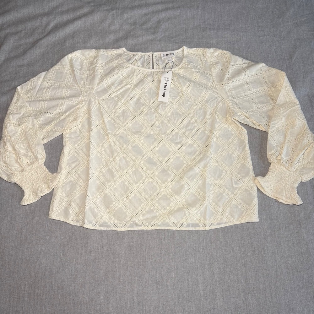 The Drop Embroidered Eyelet Cotton Puff Sleeve Top Cream Size M